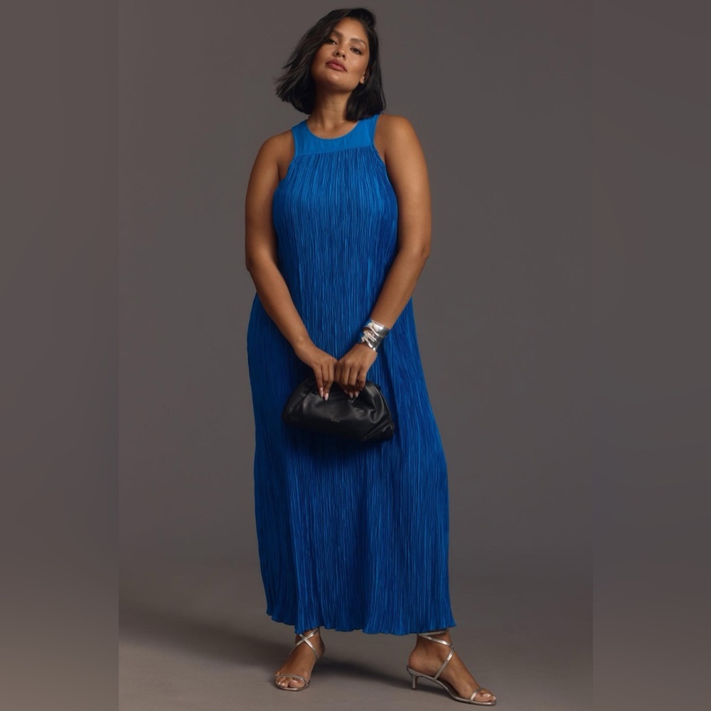 Anthropologie Blue Halter Maxi Dress Pleated Plissé Long Flowy Sleeveless XL